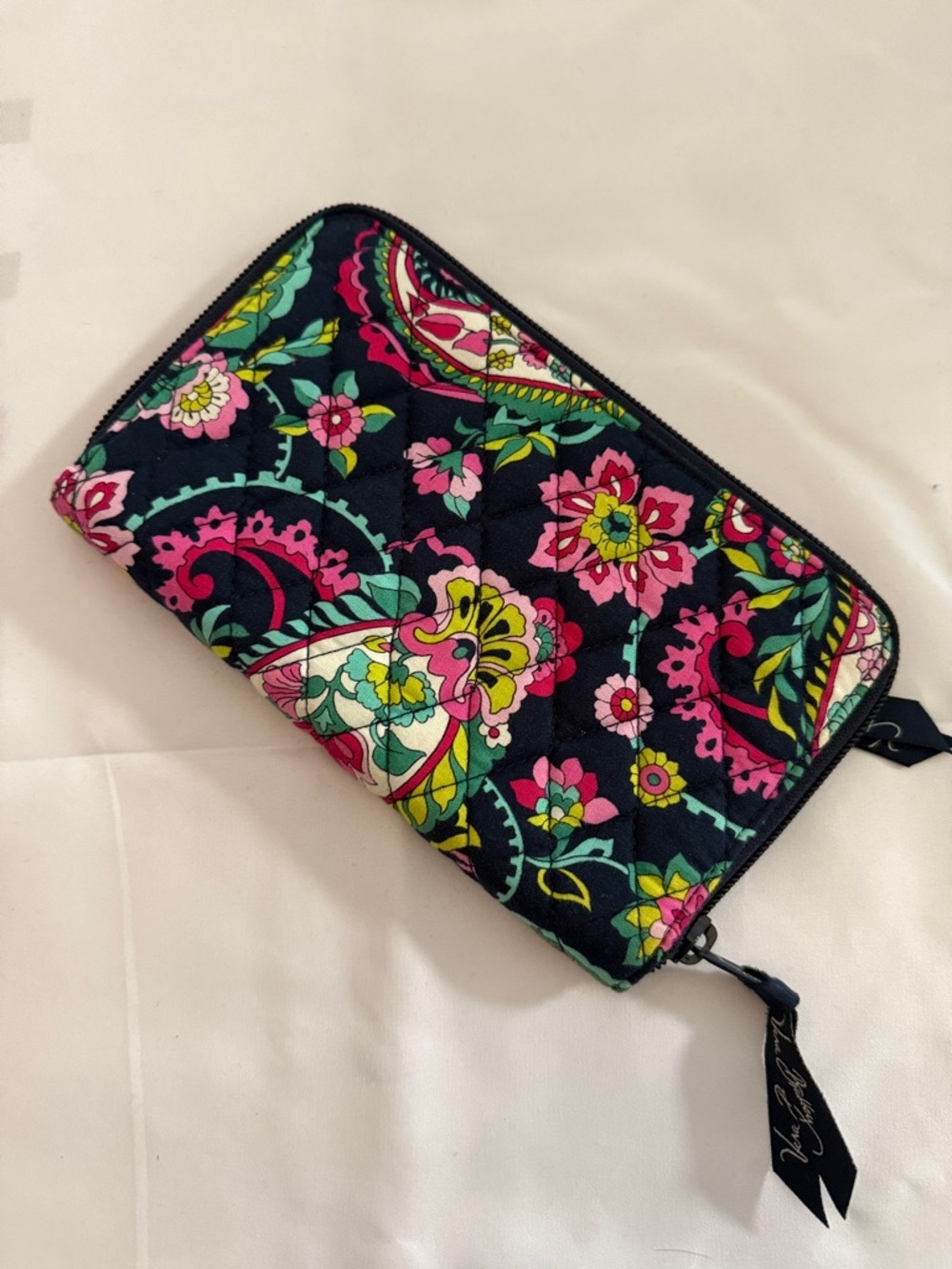 Vera Bradley Quilted Floral Zip Wallet in Navy with Pink & Green - Like new